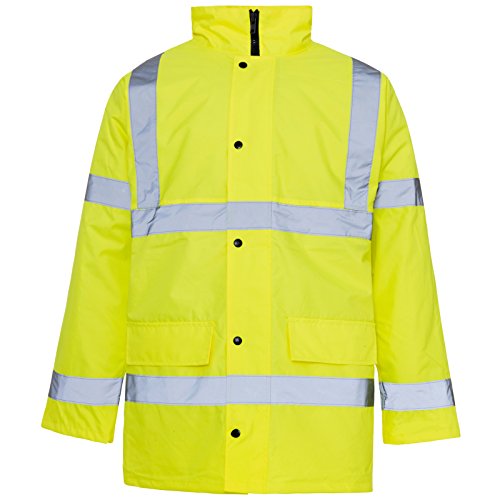 MyShoeStore® Hi Vis Viz High Visibility Parka Jacket Workwear Safety Security Concealed Hood Fluorescent Flashing Hooded Padded ¾ Length Waterproof Work Coat Top Yellow XX-Large