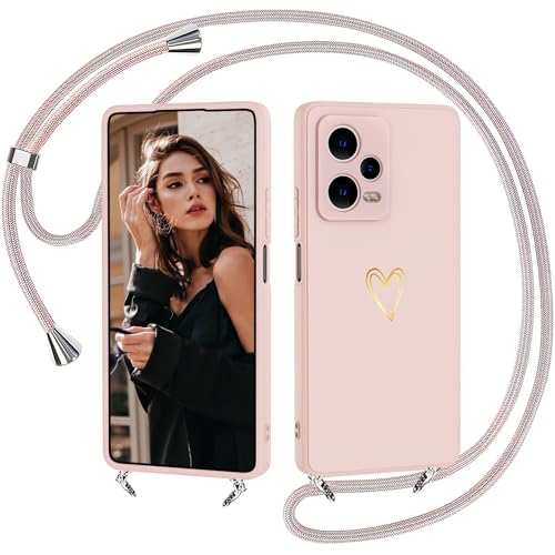 IBETEK Funda con Cuerda para Xiaomi Redmi Note 12 Pro 5G Carcasa, Suave Silicona Líquida Case con Ajustable Collar Correa de Cuello Cordón Anti-Choque Funda Colgante-Rosado