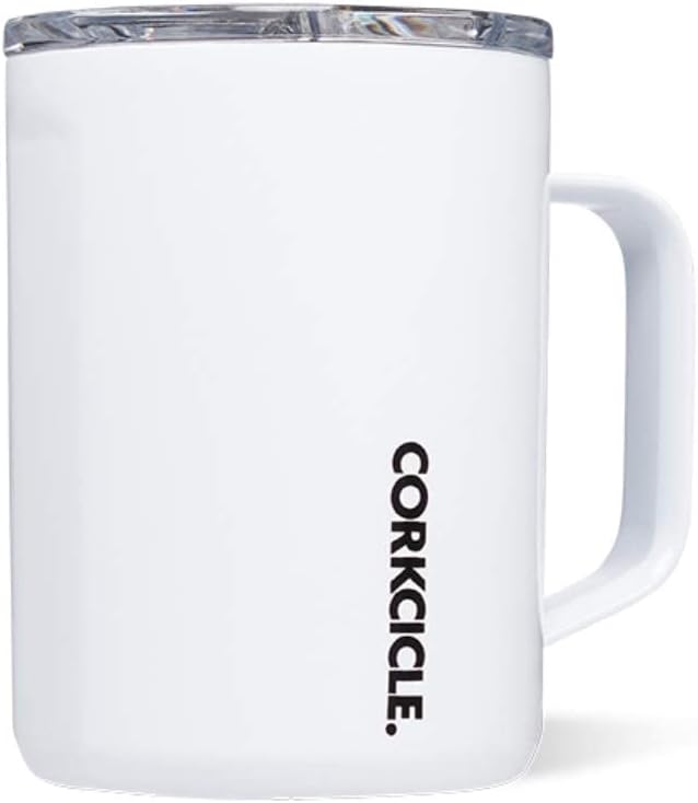 Corkcicle Origins Travel Coffee Mug - Triple Insulated Stainless Steel Cup with Handle for Tea, Hot Chocolate, Coffees, & More - Spill Proof, Reusable, Dishwasher Safe - Gloss White, 475ml/16oz