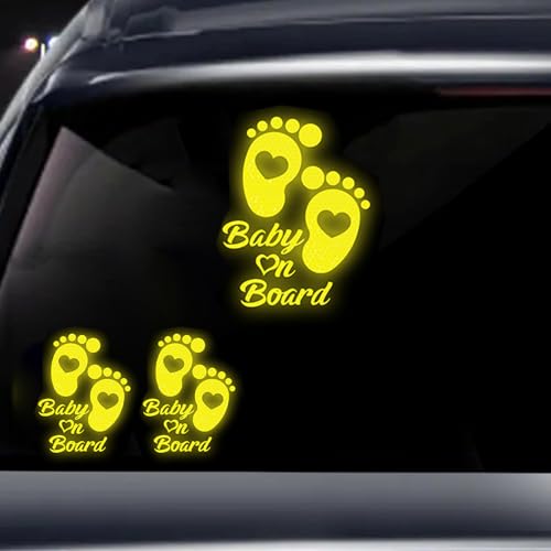 Image of 2PCS Baby On Board Sticker for Cars,Reflective Baby in Car Safety Sign Decal for Rear, Side Windows, Bumpers- Bright Yellow, Durable (Foot)
