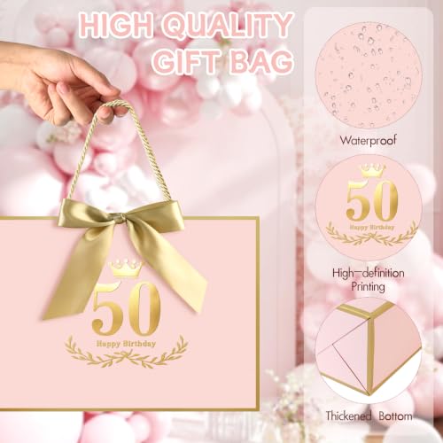 Image of JMANNI Pink Gold 50th Birthday Gift Bag with Card and Tissue Paper, 12.6 inchx8.66 inchx3.9 inch Elegant Present Bag for Men Women, 50 Year Old Birthday Keepsake Party Supplies