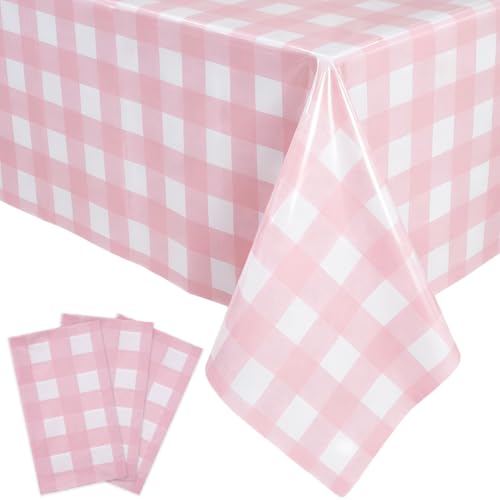 Image of Oigco Pink Gingham Tablecloth - 3 Pack 54 inch x 108 inch Rectangle Disposable Pink and White Checkered Tablecloth, Picnic Table Cover for Party, Wedding, Birthday
