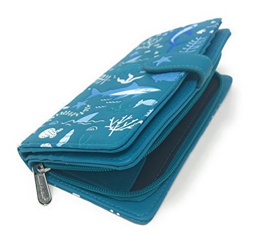 Shag Wear Shark Pattern Large Wallet for Women and Teen Girls Vegan Faux Leather Teal 7"3