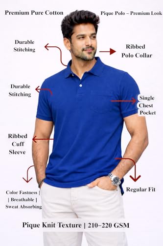 Image of Premium Pique Cotton Pocket Polo T-Shirt for Men | 210-220 GSM | Regular Fit | 2-Button Placket | Soft Breathable Fabric | XS-3XL