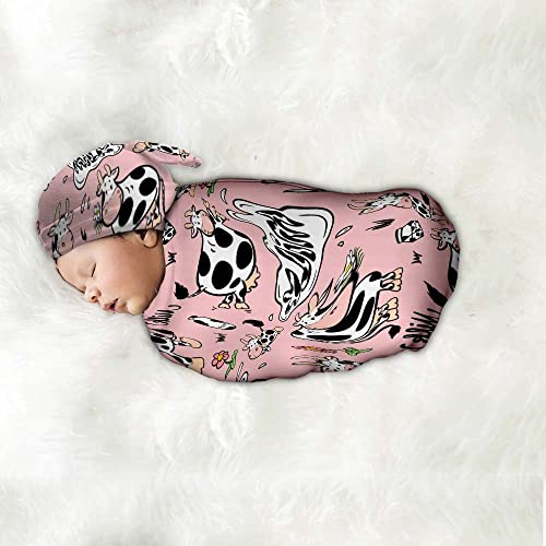 Image of Cute Cartoon Cows Newborn Swaddle Blankets With Hat Sets Newborn Receiving Blanket For Boy Girl Swaddle Sack Shower Infant Gift