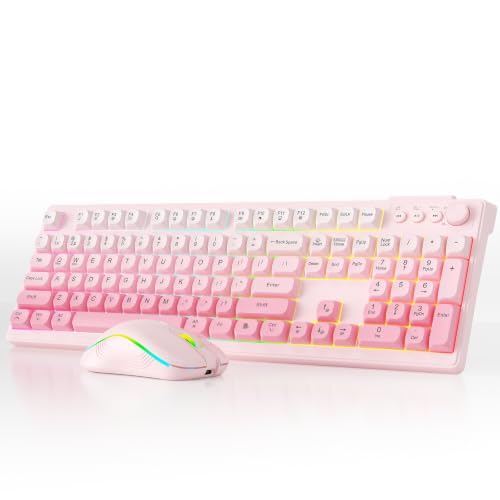 Wireless Keyboard and Mouse Combo, RGB Backlit Rechargeable 2000 mAh Battery, Tri-Mode Bluetooth/2.4GHz/USB-C Custom Creamy Keyboard, RGB Backlit Media Knob (Pink Gradient)