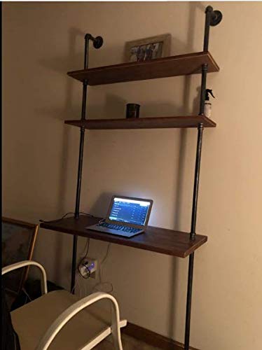 Industrial Laptop Desk Rustic Wall Ladder Desk with 2-Tier Shelf, Iron Pipe Computer Table Study Writing Table for Home, Bedroom and Office