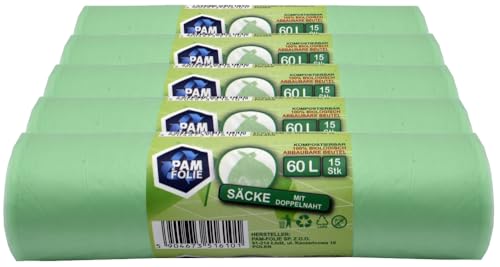 PAM-FOLIE Bolsas de basura orgánicas de 60 l – 75 unidades – Bolsas de basura compostables – 5 rollos – bolsas de basura biológicas, resistentes a desgarros para cubos de residuos orgánicos, cocina,