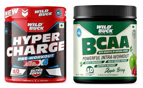 WILD BUCK Hyper Charge Pre-X4 Hardcore Pre-Workout Supplement Powder with Creatine Monohydrate, Arginine AAKG, Beta-Alanine, Caffeinated Punch -For Men & Women [40 Serv, Sour Gummies] + Wild Buck BCAA Powder with Natural & Powerful Herbs for Muscle Endurance, Muscle Growth, Recovery & Hydration | Pre, Intra & Post Workout BCAAs Supplement for Women & Men [Apple Berry, 30 Servings, 300g]