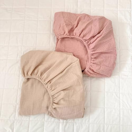 Image of BuLuTu 2 Pack Muslin Fitted Crib Sheets 52"x28" for Standard Crib Mattress, Toddler Boys Girls 100% Cotton Baby Sheets, Soft Breathable, Machine Wash, Beige & Pink