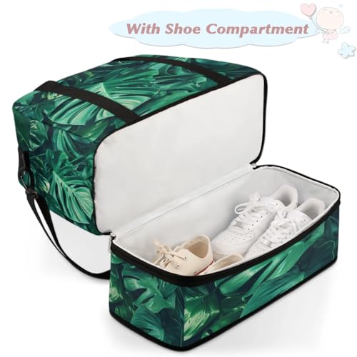 Travel Duffel Bag with Shoe Compartment, Green Tropical Leaves Shoulder Weekender Bags for Women, Foldable Waterproof Travel Bag Carry on Bag4