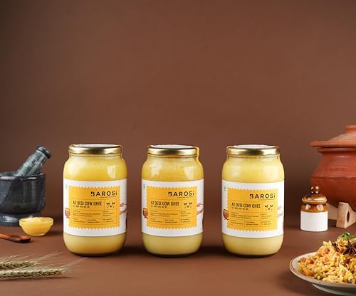 Barosi Premium A2 Cow Ghee 3 Litre Family Saver Pack | A2 Danedar Desi Ghee | Churned from Curd with Bilona Method | Pure & Aromatic | Farm Made in Small Batches | Glass Jar