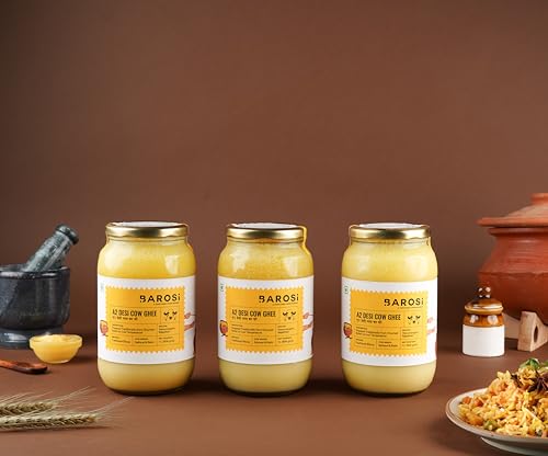Barosi Premium A2 Cow Ghee 3 Litre Family Saver Pack | A2 Danedar Desi Ghee | Churned from Curd with Bilona Method | Pure & Aromatic | Farm Made in Small Batches | Glass Jar