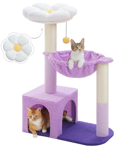 Purple Flower Cat Tree for Small Indoor Cats w/Large Metal Frame Hammock, 35" Cute Cat Tower with Sisal Scratching Posts, Cozy Condo with Cloud White Bed for Kittens