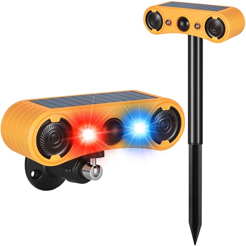 Solar Motion Sensor Alarm Outdoor Red & Blue LED Strobe Light with 130dB Dual Speakers 13 Loud Sounds Dog Barking & Siren Continuous Loop Playback 4 Working Modes for Home Villa Farm Barn