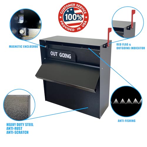Image of Locking Wall-Mount Large Mailbox with Outgoing Mail Flag | Galvanized Steel Rainproof Outdoor Mailbox for Homes, Apartments, Offices & Businesses, Black