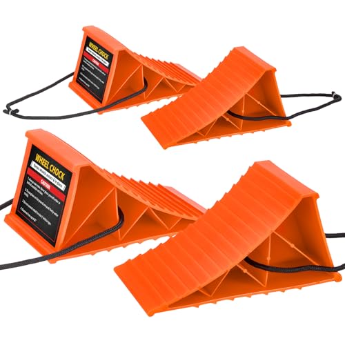 Wheel Chocks 4 PACK Heavy Duty Wheel Chocks for Car with Rope for Easy Removal Durable Non-Slip Hard Plastic Tire Stopper Blocks for RV Camper Trailer Effective in Keeping Your Vehicle in Place