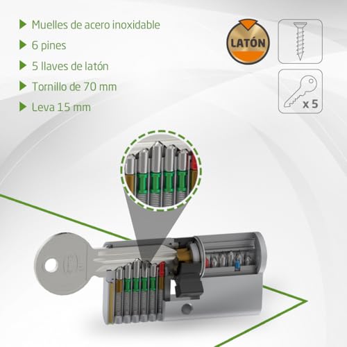 Miniatura 3 de Amig - Cilindro De Seguridad Mod. 9800 - Cerradura Para Puertas - Leva Larga De 15mm - Sistema Antitaladro - Incluye 5 Llaves - Plateado - Medidas: 90 45-45 Mm
