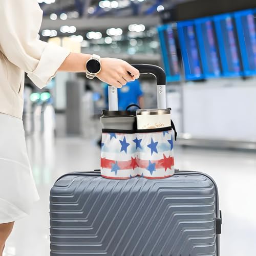 Image of Luggage Cup Holder for Suitcases Free Hands Suitcase Cup Holder Travel Luggage Drink Holder Portable Luggage Cup Caddy Bag Carrier with Handle July 4th Stripes Stars White