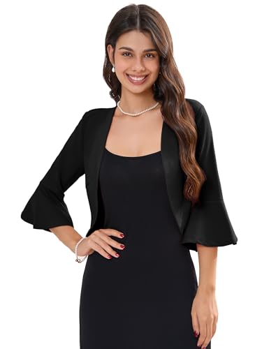Image of Womens Cropped Blazer Casual Business 3 /4 Ruffle Sleeve,Lightweight Shrug Cropped Cardigan Tops