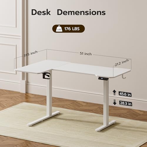 Image of Acrolix L Shaped Electric Standing Desk - 51x31.5 Inch Reversible Corner Sit Stand Desk with Hook&Cup Holder,Electric Height Adjustable Table,for Small Home Office&Bedroom Computer Desk, White