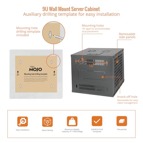 Image of Tecmojo 9U Wall Mount Rack Network Cabinet for 19 inch IT Equipment,with Lockable Mesh Door and Side Panels,Cooling Fan,17.7inch Depth,Black