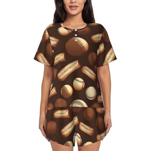 Pyjama rétro de baseball marron deux pièces pour femme avec short et haut doux col rond