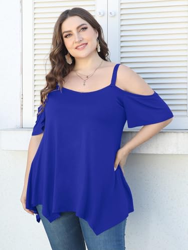 Image of LARACE Cold Shoulder Tops for Womens Summer Clothes Spaghetti Strape Tunic Oversized Shirts Asymmetrical Plus Size Blouse