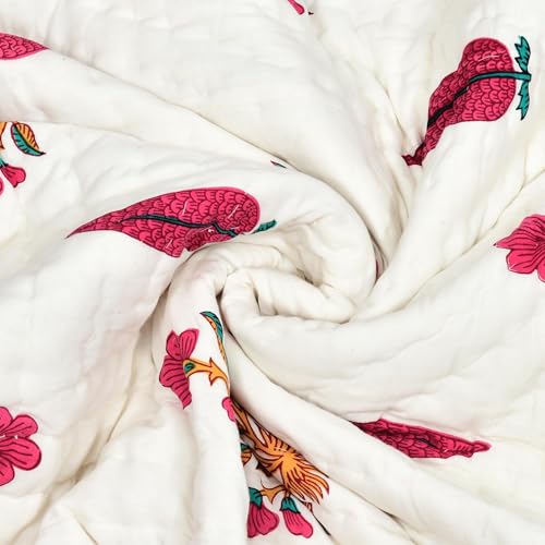 Image of BLOCKS OF INDIA Hand Block Printed Cotton King Size Quilt /Rajai (90 inch X 108 inch) (Pink Rose)