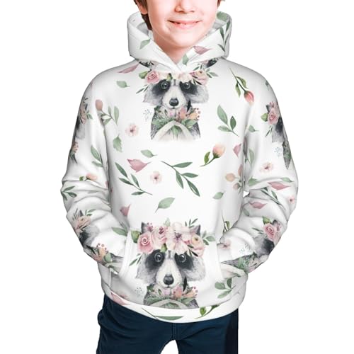 Watercolor Floral with Raccoon Kids Pullover Hoodies Boys Sweatshirts Girls Athletic Clothes with Pocket2