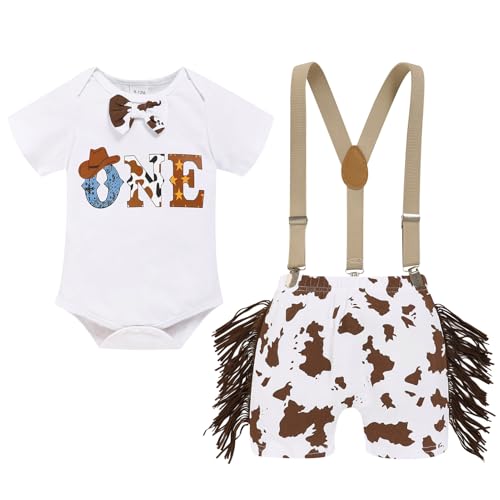 GRNSHTS Baby Boys First Birthday Cake Smash Outfits Western Cowboy One Bowtie Romper+Tassel Cow Shorts+Suspenders Photo Shoot Clothes Set(Cow Brown,12-18M)