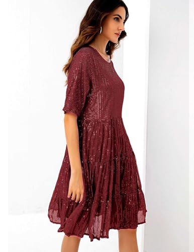Image of Sequin Babydoll Summer Dress,Sparkly Glitter Dress Short Flowy Tiered Tunic Dress for Women Party Club Night