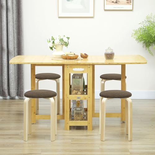 HOMCOM Juego de 4 Taburetes Apilables Redondos Taburetes Bajo de Cocina de Madera con Asiento Acolchado para Comedor Dormitorio Oficina Salón Marrón y Natural - imagen 2