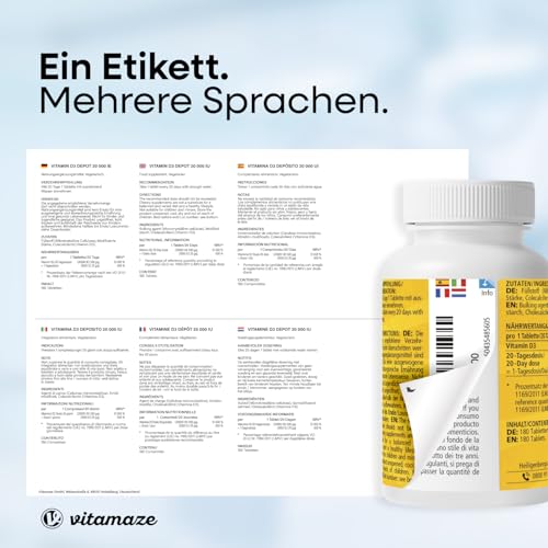 Vitamin D3 hochdosiert 20000 IE pro Tablette (20-Tage Dosis), 180 vegetarische Tabletten (teilbar), Natürliche Nahrungsergänzung ohne Zusatzstoffe, Made in Germany