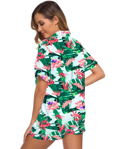 Image of SWOMOG Womens Silk Satin Pajamas Set Short Sleeve Sleepwear Button Down Top and Shorts Loungewear 2 Piece Pjs Set XS-3XL Tropic Medium