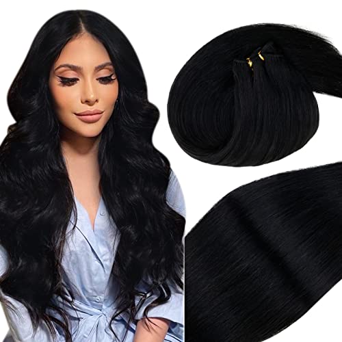 Jet Black Sew in Hair Extensions Human Hair 20 Inch #1 Black 100% Remy Hair Wefts Double Weft Extensions Sew in 100 Grams