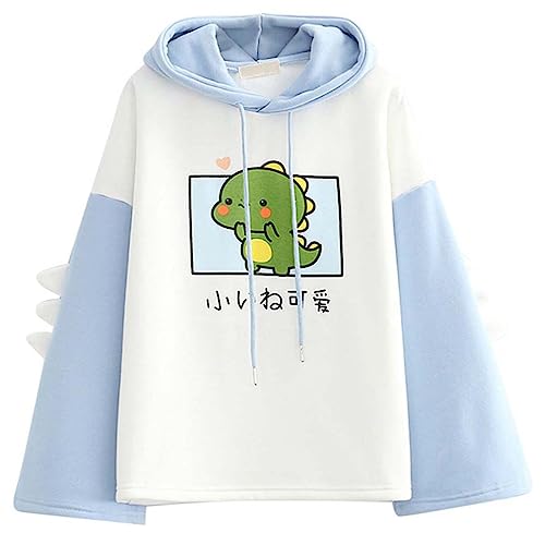 FANCYKIDS Dinosaur Bunny Rabbit Bear Cat Ears Hoodie For Girls Teens Teenagers Oversize Top Sweatshirt Jumper Shirt, Blue, One Size