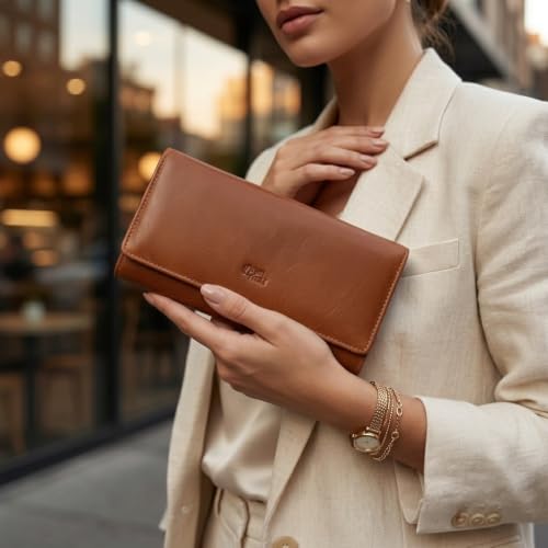 Image of Women's Top Grain Leather Wallet, RFID Blocking Bifold clutch, 17 Card Slots, Zip Pocket Organizer, Elegant Gift for Women - Birthday, Valentine, Anniversary - RUST BROWN