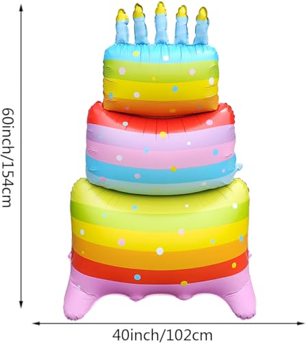 Image of 60 Inch Rainbow Birthday Cake Foil Balloons,Giant 3 Tier Cake Self-Standing Balloon for Girls Boys Kids Birthday Party Supplies,Baby Shower Party Centerpiece Decorations