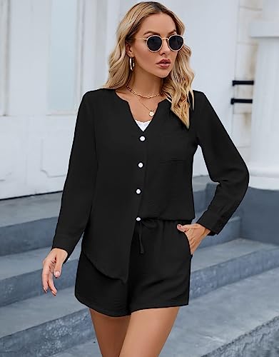 Sapjon V Neck Lounge Sets For Women 2 Piece Button Down Long Sleeve Shirt And Shorts Set Pajama Set With Pockets Black #TOP4