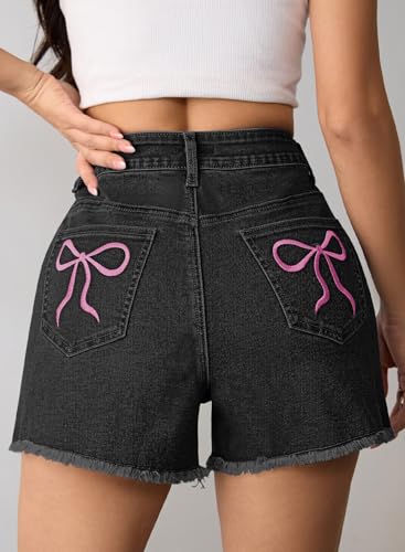 Pink Queen Women's High Waisted Denim Shorts 2026 Casual Star/Bow Frayed Hem Summer Hot Short Jeans with Pockets Black L — view 5