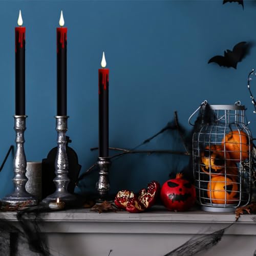 Image of Halloween Black Flameless Taper Candles Flickering with Remote Timer, Battery Operated Led Taper Candle, 4 Pcs Drip Wax Candlesticks for Halloween Decor Horror Party Table Window Decoration