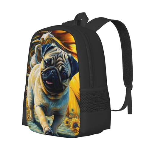 Large Capacity Painting of Pug with Yellow Sunflower Backpack Large Multipurpose Bag Double Zipper Backpack Unisex 17 Inch2