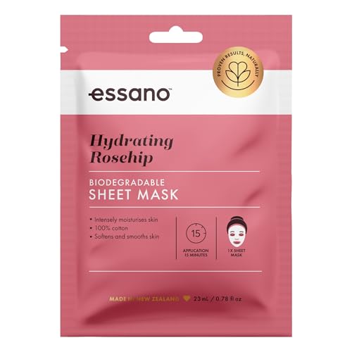 Essano Rosehip Oil Face Mask Skin Care, 100% Cotton Hydrating Sheet Mask with Cold Pressed Rosehip Oil, Overnight or Anytime, For Moisturizing, Rehydrating & Reviving Radiance, Cruelty Free, 1 Pack