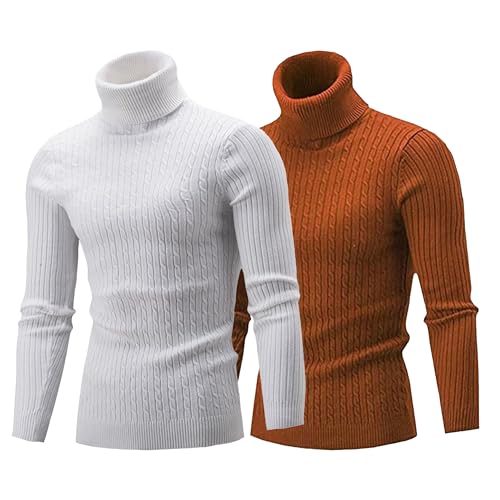 2 Pack Men's Turtleneck Sweaters Long Sleeve Cable Knitted Pullover Sweater Slim Fit Lightweight Thermal Knit Tops