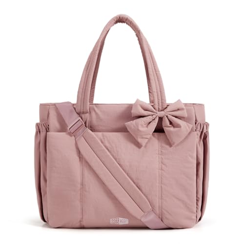 Image of BAGSMART Crush Bow Tote Bag for Women, Puffer Travel Work Yoga Laptop Bag | Large Bow Tote Fits 40oz Tumbler, 15.6 inch Laptop, Yoga Mat Sleeve, Waterproof Pocket, Travel Work Swim Gym Mom Shoulder Handbag
