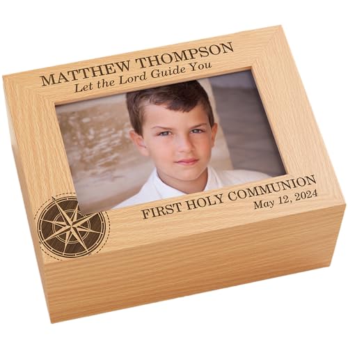 Personalization Universe Personalized First Communion Compass and Photo Keepsake Box - Customizable Storage for Religious Mementos, Perfect for Jewelry and Trinkets, First Communion Gift for Boys