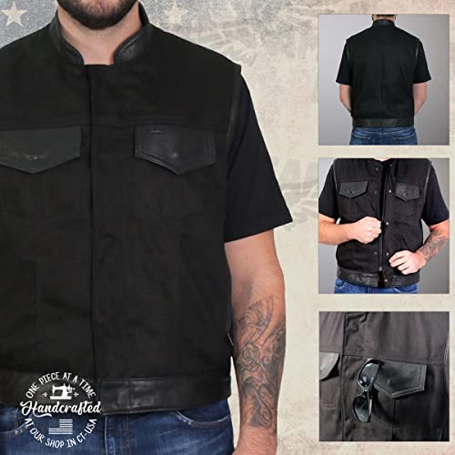 Milwaukee Leather Usa Made Mlvsm5101 Men's Black 'Burn Out' Denim And Leather Vest With Plaid Red Lining - Medium #TOP2