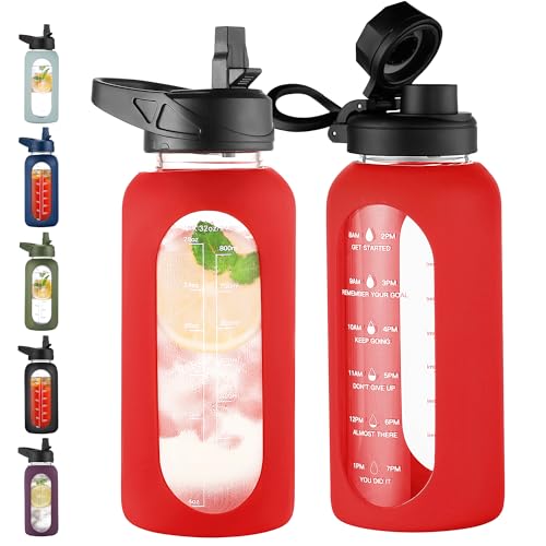 Image of CIVAGO 32 oz Glass Water Bottle with Straw and Handle, Large Sports Motivational Water Bottle Flask with Time Marker and 2 Lids, Leakproof Water Jug Canteen with Silicone Sleeve for Gym, Red