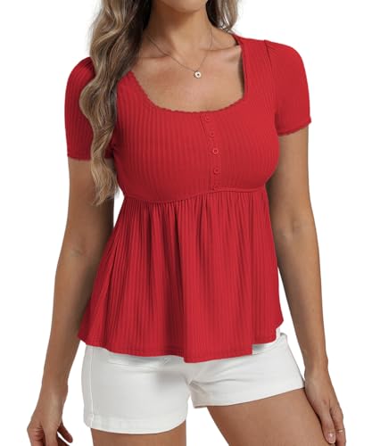 Image of Belle Poque Women's Summer Cute Tops Short Sleeve Babydoll Peplum Top 2026 Square Neck Casual Shirts Teen Top Tee